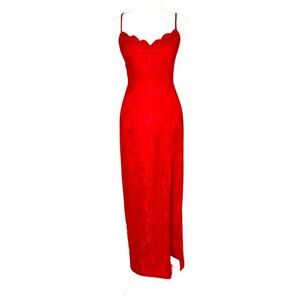 ‘L.A. GLO’ 90s Vintage Spaghetti Strap Red Lace Formal Dress